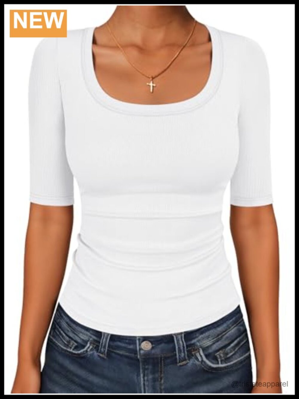Womens Ribbed Knit Scoop Neck Half Sleeve Slim Fit Basic Tee Shirt